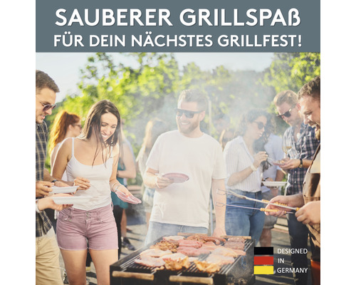 Grillparty mit einer Gruppe von Menschen um einen Grill mit Fleisch und Würstchen. Design aus Deutschland.