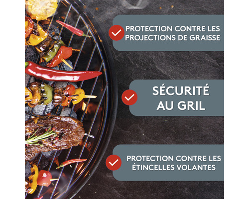 Grillszene mit Grillgut und Hinweisen zu Fettspritzschutz, Grillsicherheit und Schutz vor Funkenflug