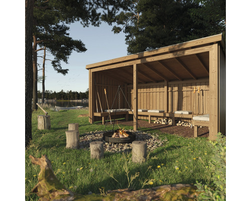 Aire de barbecue couverte avec foyer et sièges à l''extérieur.