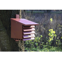 Fledermauskasten aus Holz an einem Baum befestigt