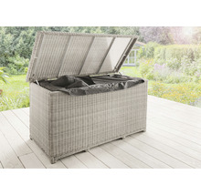 Garten Aufbewahrungsbox aus Kunststoffgeflecht mit geöffnetem Deckel im Aussenbereich