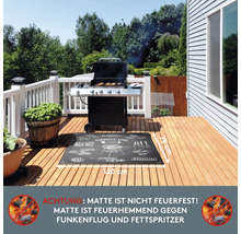 Grillmatte auf einer Holzterrasse mit Grill und Pflanzkübeln