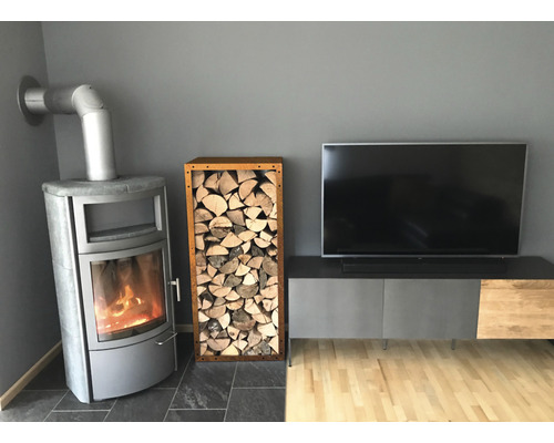 Wohnzimmer mit Kaminofen, Holzregal und Fernseher