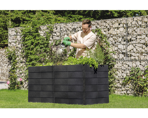 Un homme arrose des plantes dans un potager surélevé noir dans le jardin.