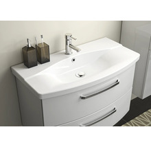 Meuble-lavabo avec lavabo, robinet, distributeur de savon et gobelet à brosses à dents