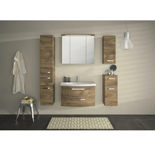 Salle de bains avec meuble sous-lavabo, armoire de toilette, armoire suspendue et armoire haute aspect bois