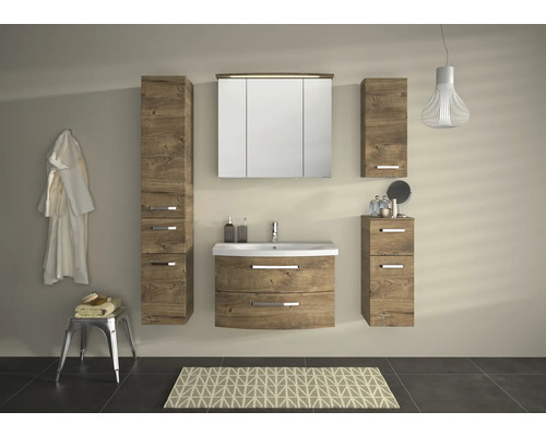 Salle de bains avec meuble sous-lavabo, armoire de toilette, armoire suspendue et armoire haute aspect bois