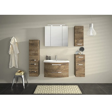 Ensemble de salle de bains moderne avec lavabo, armoire de toilette et armoires hautes aspect bois.