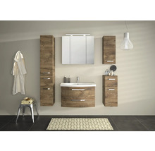 Salle de bains avec meuble sous-lavabo, armoire de toilette, armoire suspendue et armoire haute aspect bois