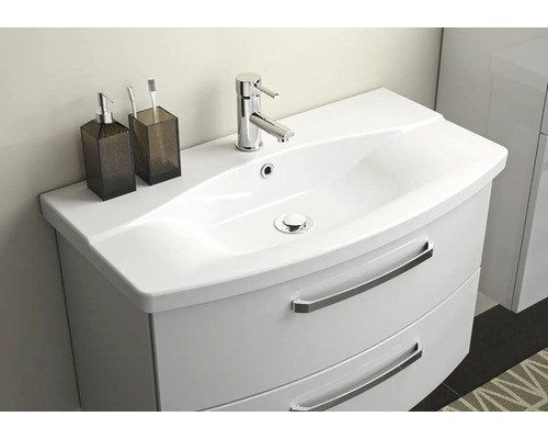 Meuble-lavabo avec deux tiroirs, lavabo, robinet, distributeur de savon et gobelet à brosses à dents