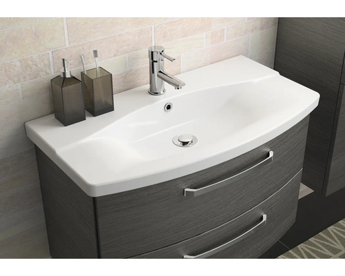 Meuble-lavabo avec lavabo, robinet, distributeur de savon et gobelet à brosse à dents