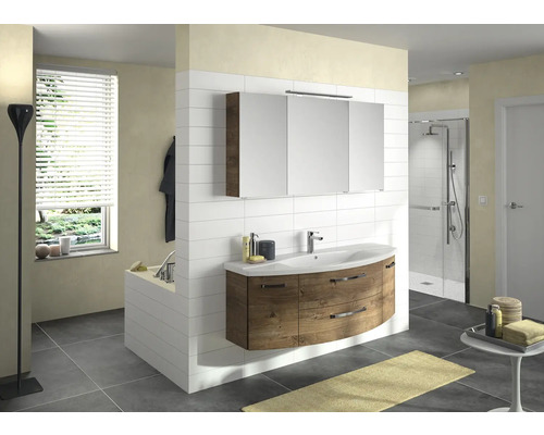 Salle de bains avec meuble-lavabo, armoire de toilette et douche