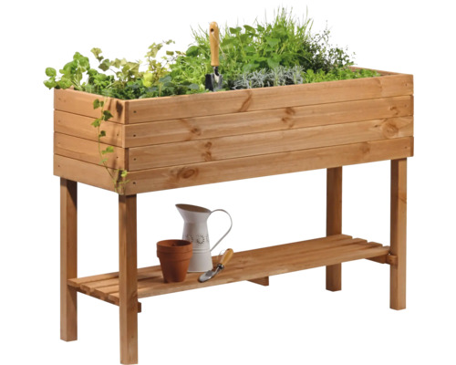 Jardinière surélevée en bois avec herbes aromatiques, jardinière, arrosoir et outils de jardinage
