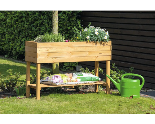 Table de plantation en bois avec plantes, terreau et arrosoir dans le jardin
