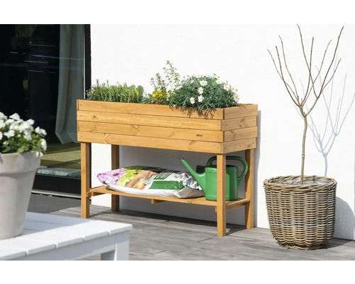 Jardinière sur pieds en bois avec plantes, terreau et arrosoir