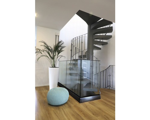 Innenaufnahme mit Wendeltreppe, Zimmerpflanze und Sitzpouf.