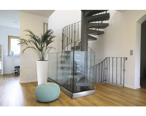 Heller Raum mit Wendeltreppe, Topfpflanze und Sitzkissen