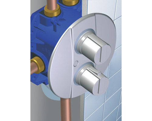 Robinet apparent avec deux boutons rotatifs et des tuyaux en cuivre pour salle de bains ou cuisine