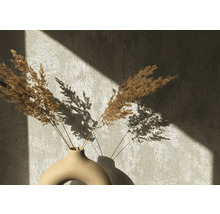 Fleurs séchées décoratives dans un vase en céramique devant un mur avec des ombres portées