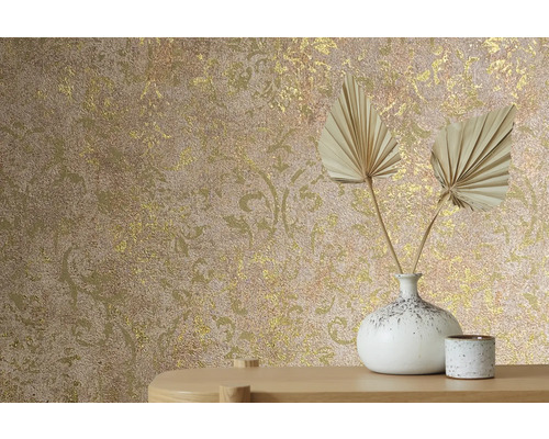 Vliestapete 34295 City Glow ornament braun gold Dekorative Tapete mit Muster und Vasen auf Tisch