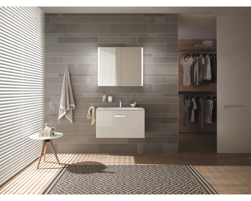 Salle de bain moderne avec lavabo, armoire de toilette, carrelage et tapis