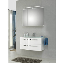 Salle de bains avec meuble sous-lavabo, armoire de toilette et lavabo