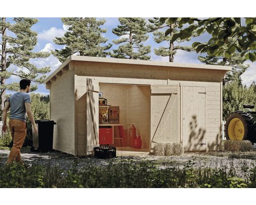 Abri de jardin SKAN HOLZ Flex avec plancher, espace outils 480 x 340 cm naturel Abri de jardin en bois avec porte coulissante ouverte et outils
