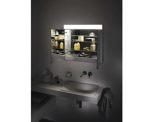 Salle de bains avec armoire de toilette, lavabo et divers articles de toilette.