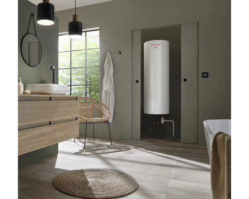 Salle de bains moderne avec lavabo, miroir, chauffe-eau et tapis rond