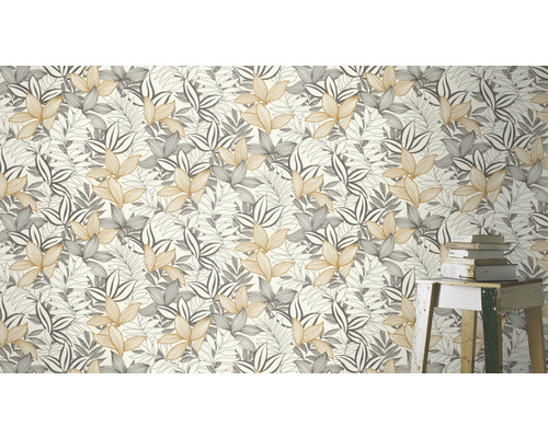 Papier peint à motif de feuilles en or et gris