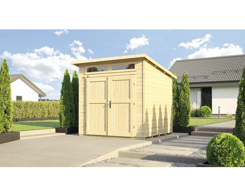 Abri de jardin weka 264 taille 2 avec imposte, plancher 287 x 330 cm naturel Scène de jardin avec une cabane de jardin en bois avec double porte et lucarne
