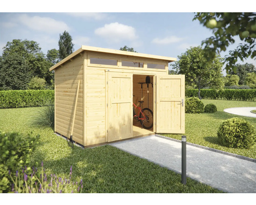 Abri de jardin weka 264 taille 4 avec imposte, plancher 354 x 322 cm naturel Scène de jardin avec abri de jardin en bois ouvert pour ranger les outils de jardinage et les vélos.