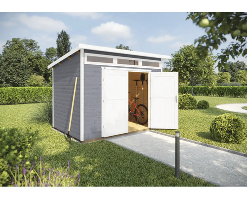 Abri de jardin weka 264 taille 4 avec imposte, plancher 354 x 322 cm gris clair Scène de jardin avec cabanon en bois avec double porte et bandeau vitré