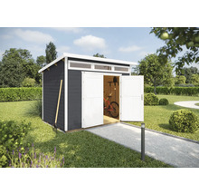 Abri de jardin avec portes ouvertes et un vélo à l''intérieur.