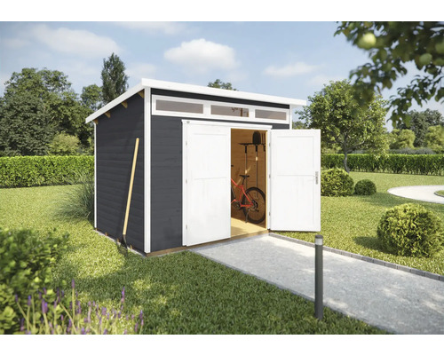 Abri de jardin weka 264 taille 4 avec imposte, plancher 354 x 322 cm anthracite Abri de jardin avec portes ouvertes et un vélo à l''intérieur.