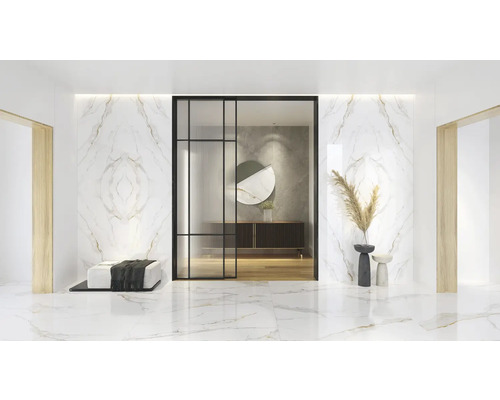 Pièce lumineuse avec mur en marbre, porte coulissante en verre et éléments décoratifs