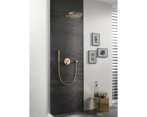 Duschkabine mit Kopfbrause, Handbrause und Armatur in einer Badezimmerumgebung.