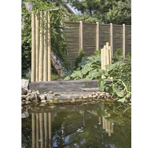 Gartenszene mit Teich, Bambuselementen und Flechtzaun