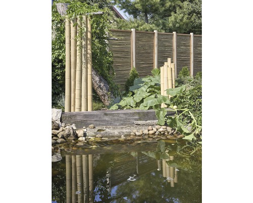 Gartenszene mit Teich, Bambuselementen und Flechtzaun