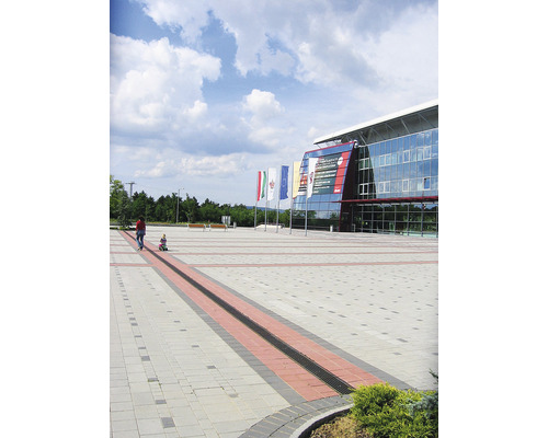 Vue extérieure d''un bâtiment avec des drapeaux et une place pavée