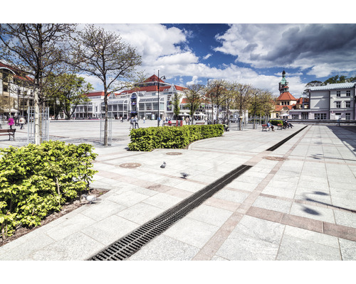 Place avec caniveau de drainage, arbres et bâtiments