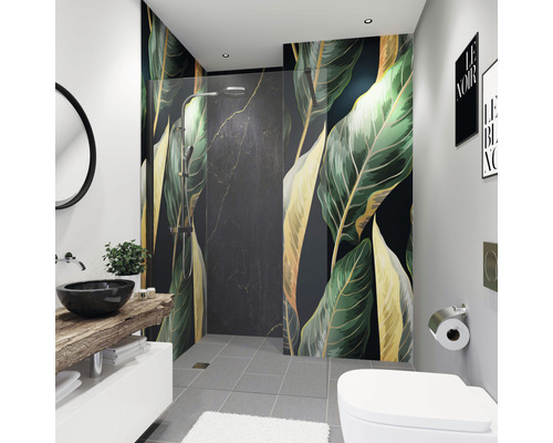 Salle de bains moderne avec douche, lavabo et toilettes