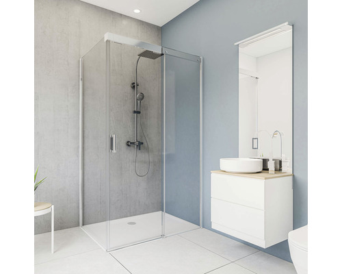 Salle de bain moderne avec cabine de douche, lavabo et miroir