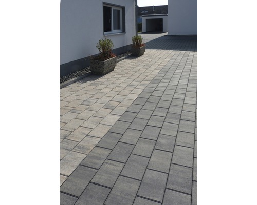 Allée pavée avec pavés et deux jardinières