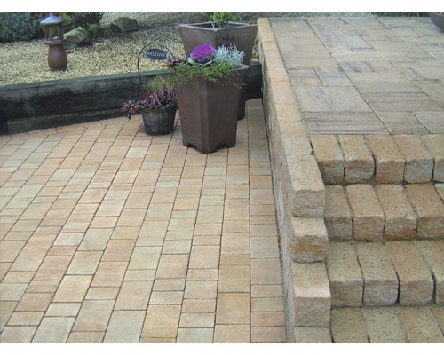 Terrasse avec pavés et escalier en pierre