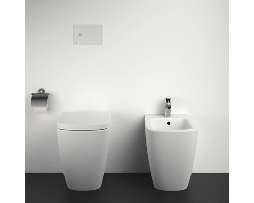 Toilettes et bidet en céramique avec réservoir de chasse d''eau et porte-papier hygiénique dans la salle de bain