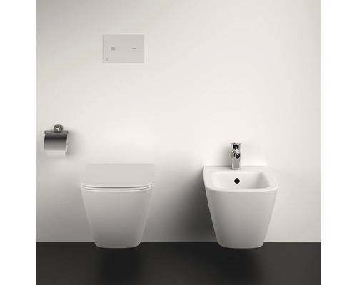 WC suspendu à fond creux et bidet avec plaque de commande et porte-papier toilette dans une salle de bains