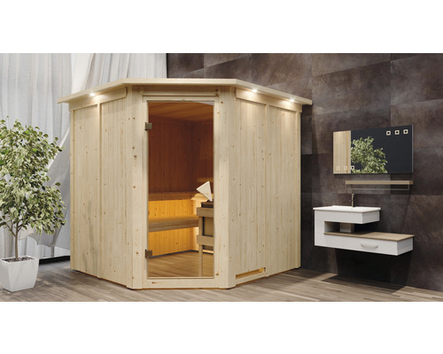 Sauna modulaire Calienta Piemon avec poêle 9 kW, commande intégrée et couronne Sauna d''intérieur en bois avec porte en verre et lavabo dans la salle de bain