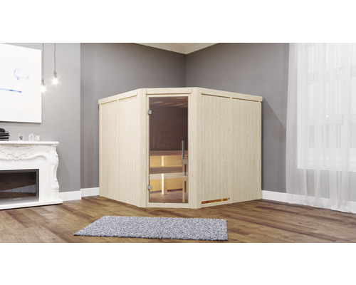 Sauna modulaire Karibu Malina avec poêle 9 kW et commande intégrée sans couronne avec porte entièrement vitrée en verre transparent