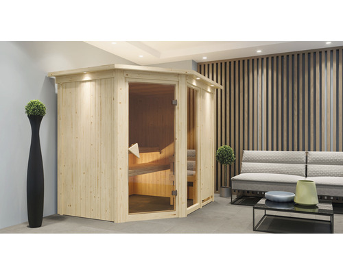 Sauna modulaire Karibu Siona II avec poêle Bio 9 kW et commande intégrée, avec couronne et porte vitrée coloris bronze